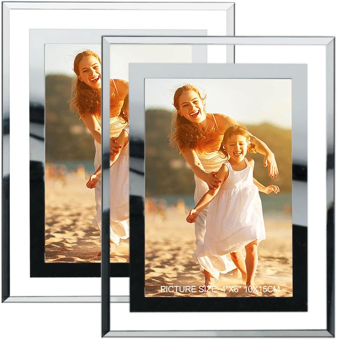 HIKWADERY 4x6 Picture Frames Silver - Set of 2, HD Real Glass 4 by 6 Photo Frame Mirrored Edge for Tabletop Display, Wedding Birthday Mothers Day Gifts (4 x 6, Silver)