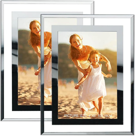 HIKWADERY 4x6 Picture Frames Silver - Set of 2, HD Real Glass 4 by 6 Photo Frame Mirrored Edge for Tabletop Display, Wedding Birthday Mothers Day Gifts (4 x 6, Silver)