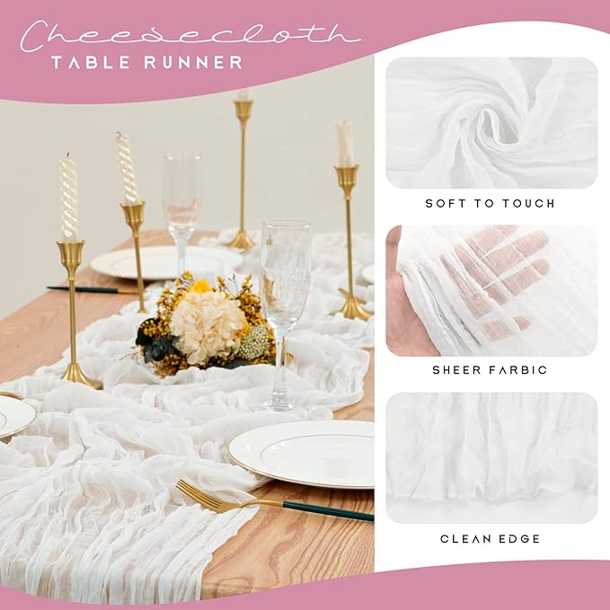 12 Pack Cheesecloth Table Runner 35 x 120 inch Long Boho Cheese Cloth Gauze Table Runners Semi Sheer Table Runner for Wedding Decor, Bridal Shower, Birthday Party (White)