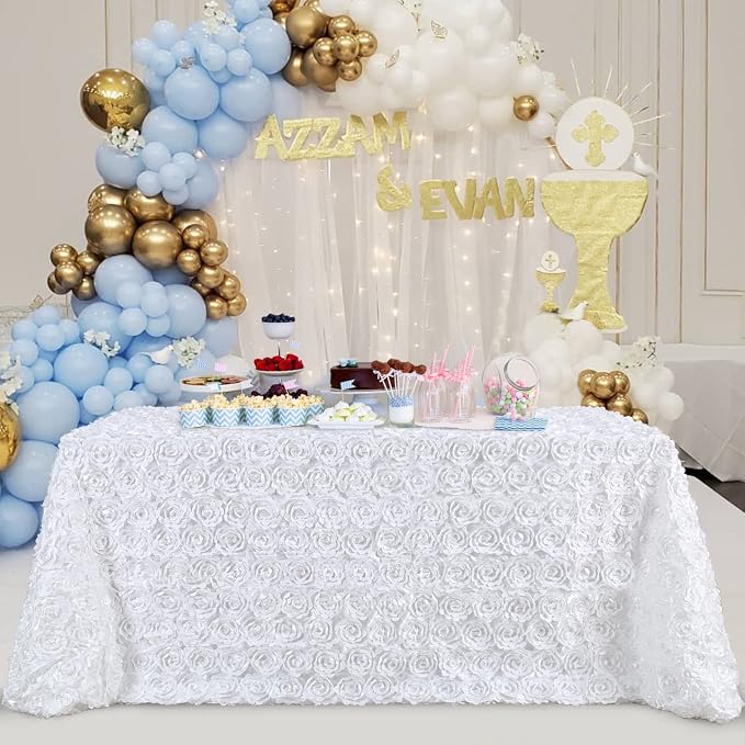 B-COOL White Rosette Tablecloth 90 by 132 Inch White Table Cover 3D Rectangle Floral Tablecloths Wedding Birthday Banquet Party Tabletop Decorations