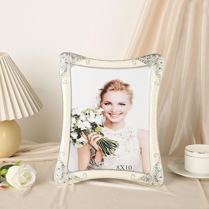 8x10 Vintage Metal White Picture Frame Silver Border Floral Fancy Antique Photo Frame Ornate Gold Frame Tabletop or Wall Art Display, Clear HD Glass Front, Wedding Frame Gifts for Couples Women