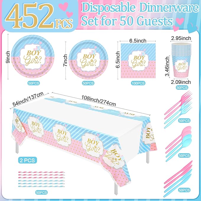 Potchen 452 Pcs Party Supplies Serve 50 Guests, Paper Plates Napkins Cups Cutlery Plastic Tablecloth Dinnerware for Birthday Wedding Party Decoration(Blue and Pink, Boy or Girl)