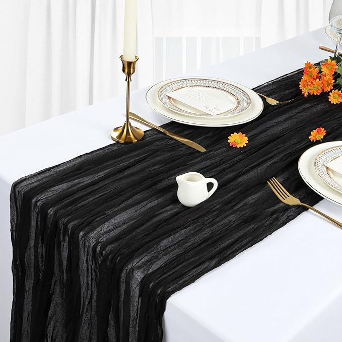 6 Pack Black Table Runner Cheesecloth 10Ft Gauze Cheese Cloth Table Runner 35x120 Inch Boho Sheer Rustic Fabric for Holiday Party Decor Baby Shower Wedding Home Decorations