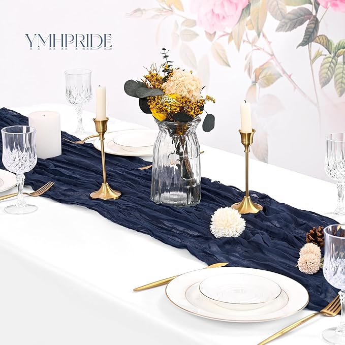 8 Pack Navy Blue Cheesecloth Table Runner 120 Inch 10FT Spring Boho Rustic Sheer Gauze Cheese Cloth Table Runner for Wedding Baby Shower Birthday Party Table Decor