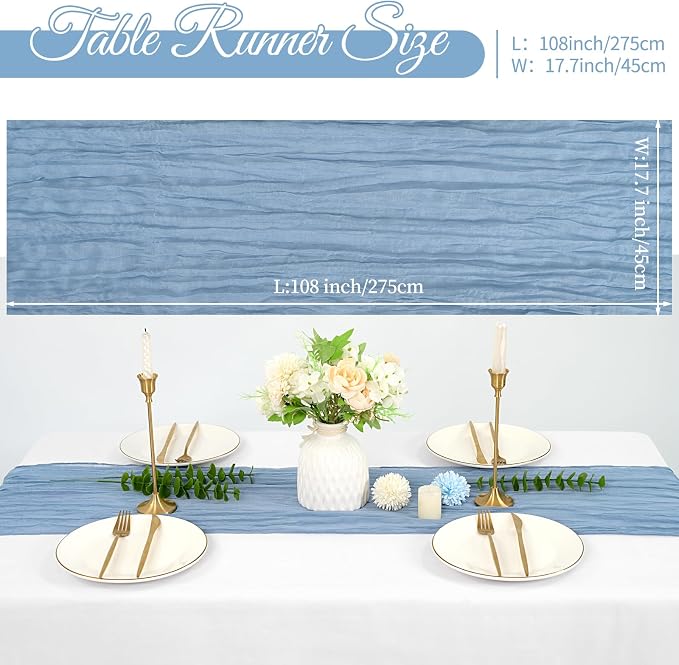 10 Pack Cheesecloth Table Runner 17 x 108 inch Long Boho Gauze Table Runners Semi Sheer Table Runner for Wedding Decor, Baby Shower, Birthday Party, Banquet (Dusty Blue)