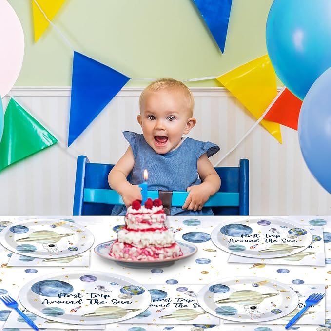 98 PCS First Trip Around The Sun Birthday Party Tableware Set Outer Space Themed Decorations 1st Space Birthday Dinner Paper Plates Boho Solar System Tablecloth Napkins Forks Sun Theme Party Supplies