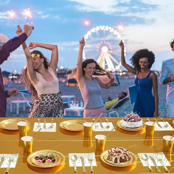 201-piece disposable party tableware set with paper plates, cups, napkins, straws, tablecloths, plastic knives, forks and spoons for a variety of party occasions for up to 25 people (Golden Glass)