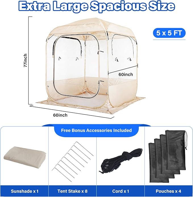 DIAMONDFORGE Pop Up Sports Tent 5x5 FT, Portable Clear Tent with Removable Top Cover for 2-3 Person, Instant Setup, Spacious BubbleTent for Outside, Patio and Outdoor Activities, Beige