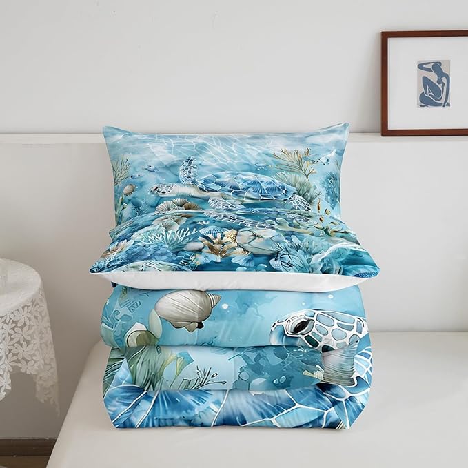 Feelyou Sea Turtle Comforter Set King Size Kids Summer Theme Comforter for Boys Girls Teens Ocean Marine Themed Bedding Set Underwater Animal Duvet Set Reptile Tortoise Quilt