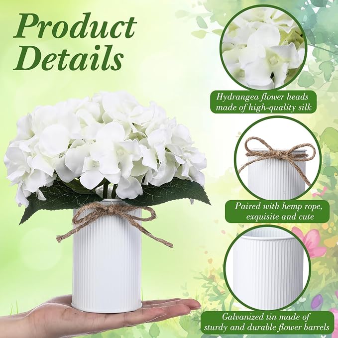 Zeyune White 12 Sets Wedding Flower Table Centerpieces Artificial Hydrangeas with Rustic Metal Vase Fake Hydrangea Flowers in Pot Floral Arrangement for Wedding Bridal Tea Party Table Home Decor