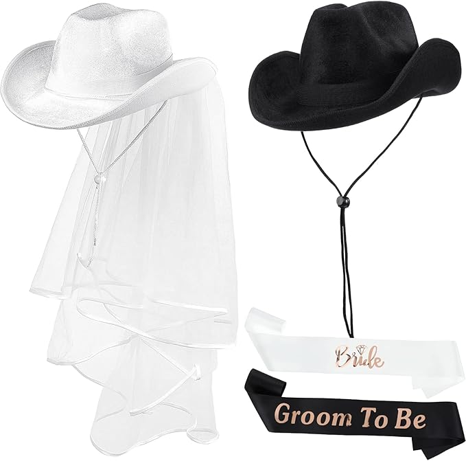 SATINIOR 2 Pieces Bride Cowgirl Hat with Veil, Groom and Cowboy Hats, Bachelorette Party Supplies Bride and Groom to Be Sash for Women Men Wedding Bridal Shower Decoration