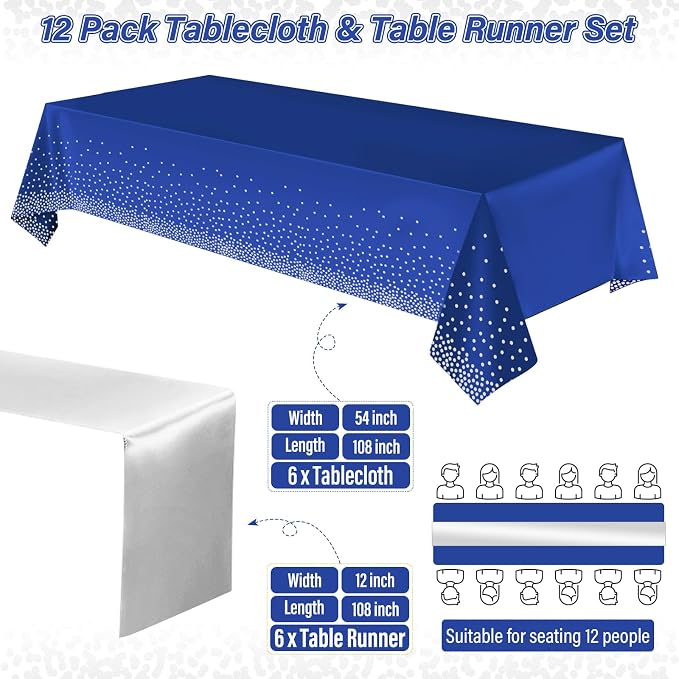 12 Pack Blue and Silver Tablecloth and Table Runner Party Decorations, Blue and Silver Plastic Disposable Tablecloth and Satin Table Runner for Wedding Birthday Bridal Graduation Anniversary Party
