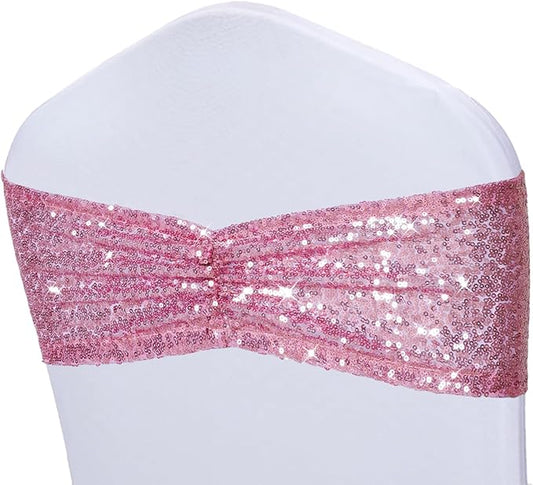 Poise3EHome Fuchsia Pink Sequin Chair Sashes Folding Chair Covers Bow for Wedding Party Reception Decorations, 50 PCS