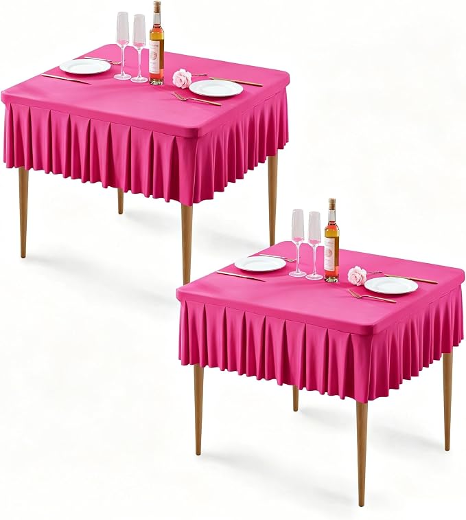 2 Pack Hot Pink Spandex Tablecloths for 34x34 Inch Square Tables, Stretch Fitted Table Clothes with Pleated Ruffle Skirt for 34” Table, Wrinkle Free and Elastic, for Party Kitchen Home Dining