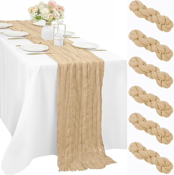 10FT 6 Pcs Sand Cheesecloth Table Runner Boho Gauze Fabric Cheese Cloth Table Runner Decoration Rustic Semi Sheer Runner for Wedding Birthday Baby Shower Party Decor (Sand)