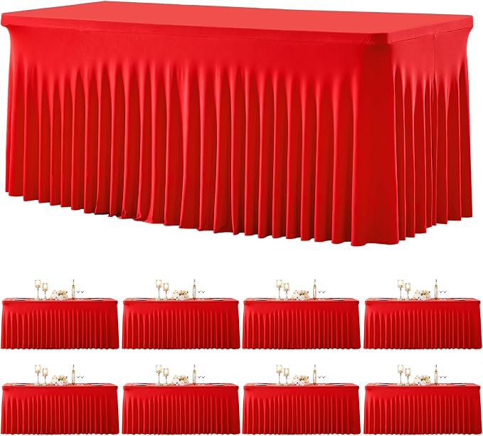 8 Pack Red Table Cloth for 6 Foot Rectangle Tables Spandex Fitted Tablecloth 6ft Stretch Table Covers Skirt Red Banquet Tablecloths Wrinkle Free Tablecloth for Party Wedding Birthday Event