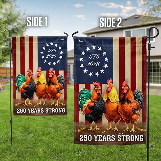 American Flag-250 Years Strong 1776 2026 Chicken Flag, Patriotic Rooster Farm Decor, 3x5 ft. Flag-USA Premium Polyester