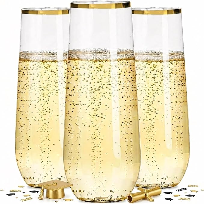 Ciaell 24 Pack Gold Plastic Champagne Flutes - 9 Oz Disposable Champagne Glasses - Stemless Mimosa Glass for Parties & Weddings & Birthdays