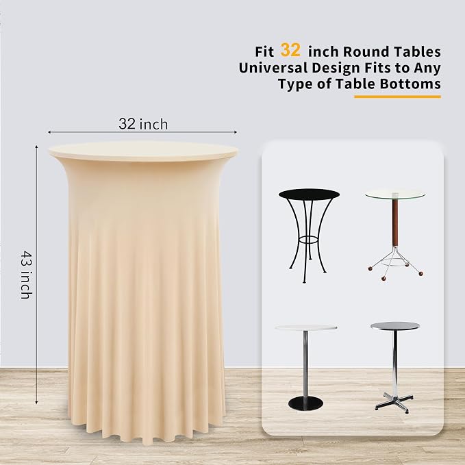 6 Pack Champagne Round High Top Cocktail Table Cloth 32inch×43inch Wrinkle Free Stretch Spandex Cocktail Tablecloths Table Covers for Party Wedding Banquet Baby Shower Birthday
