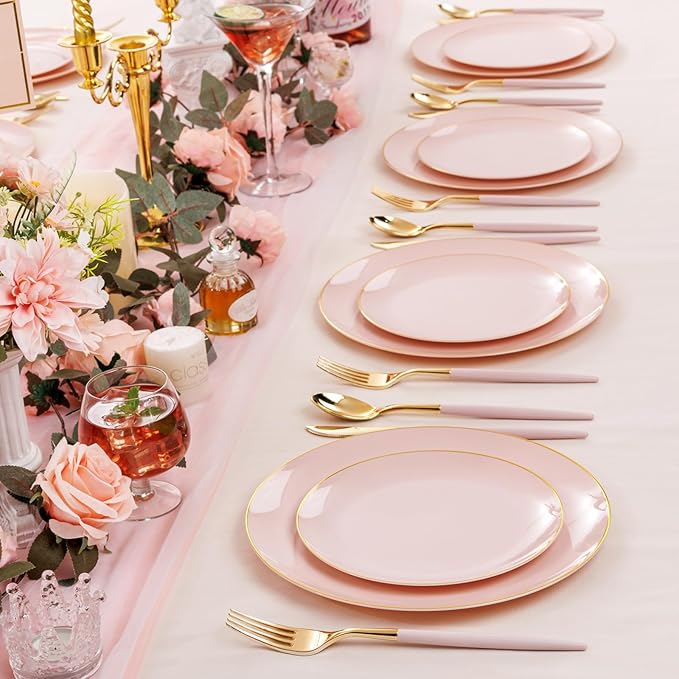 DaYammi 150Pcs Pink Plastic Plates with Gold Rimmed,Heavy Duty Plastic Plates - Pink Disposable Plate Included 30 Dinner plate,30 Dessert plate,30 Knives,30 Forks,30 Spoons for Mother's Day Party
