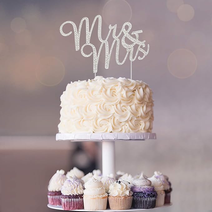 Mr and Mrs Wedding Cake Topper - Premium Silver Metal - Sparkly Wedding Bridal Shower or Anniversary Cake Topper - Now Protected in a Box