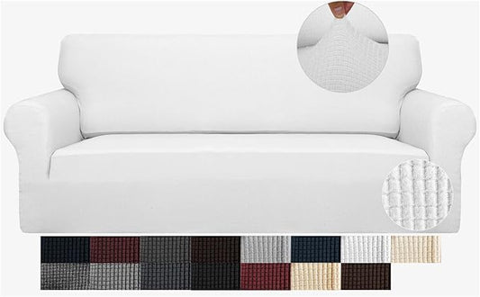 JIVINER High Stretch Couch Covers for 3 Cushion Couch 1-Piece Jacquard Elastic Sofa Slipcovers Anti Slip Sofa Cover with Elastic Bottom Furniture Protector for Kids Pets (Sofa, White)