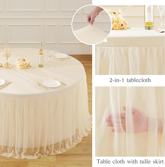 HB HBB MAGIC Champagne Tablecloth Round Table 72 inch Stretchy Elastic Fitted Round Table Cloth Cover 120 inch, Tulle Table Cloth with Skirt Wedding Birthday Party Cake Banquet Tables Decorations