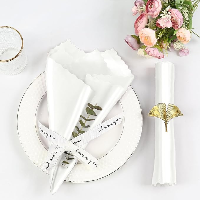 Homiest 100 Pack White Satin Napkins - 17x17 Inches Scalloped Square Dinner Napkins for Wedding, Restaurant, Banquet & Party