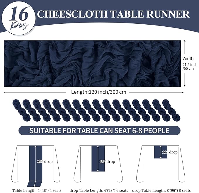 16 Pack 10Ft Cheesecloth Table Runner Navy Blue, 20 x 120 Inch Rustic Gauze Boho Cheese Cloth Table Runners Wedding Long Table Runner for Wedding Party Bridal Shower Table Decoration
