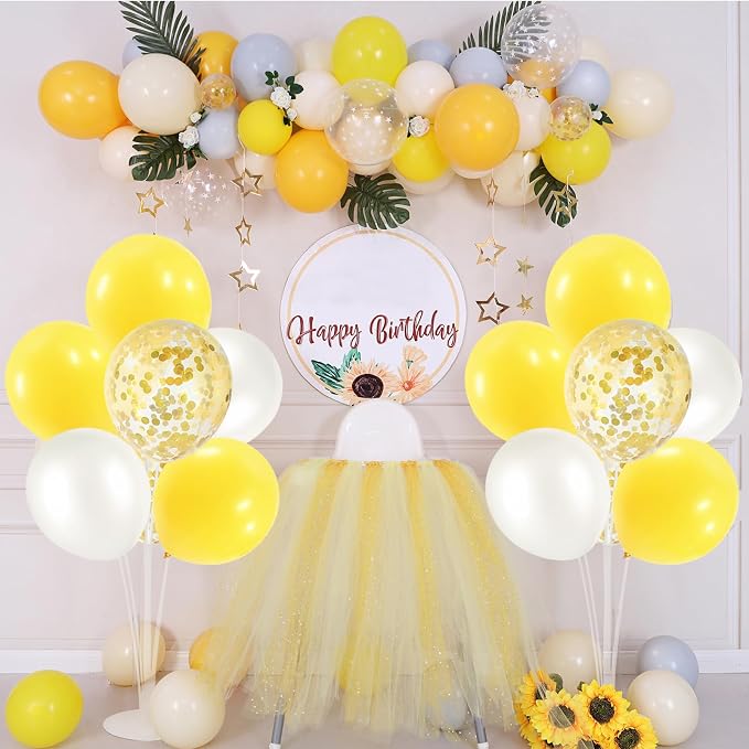 ZJDHPTY 4Set Yellow and White Balloon Stand Table Centerpiece Party Decor | Sunflower Daisy Bee Birthday Baby Shower Bridal Shower Engagement Wedding Spring Summer Backyard Party Decorations