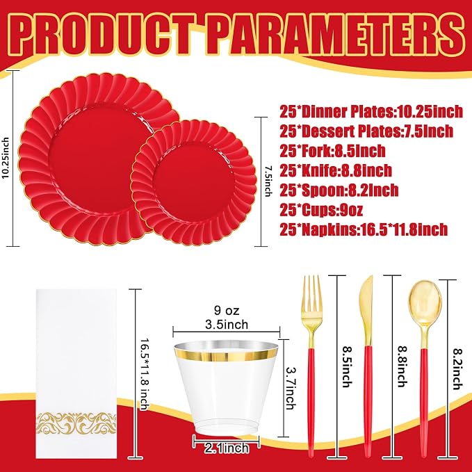 Ciaell 175 PCS Red Scalloped Plastic Plates with Gold Trim - Red Plastic Silverware with Handle - Fancy High-End Dinnerware Sets for Wedding & Party