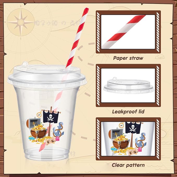Qinyoung 60 Sets Pirate Plastic Cups Bulk 14 oz Pirate Treasure Theme Party Favor Supplies Ice Coffee Disposable Clear Plastic Cups Bulk with Lids and Paper Straws for Birthday Favors