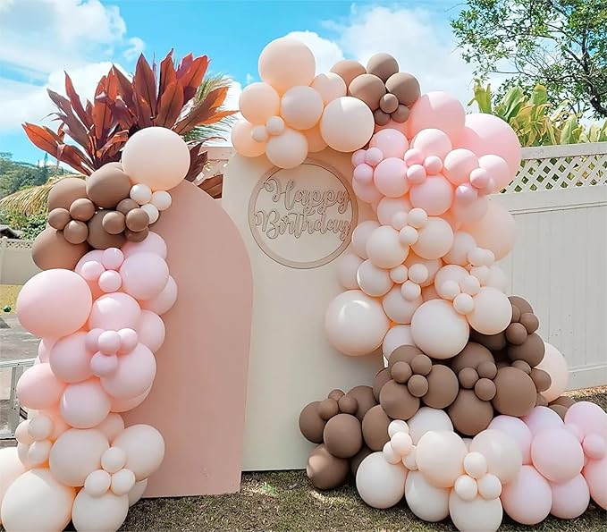 Light Pink Balloons Garland Arch Kit Double Stuffed Matte Pastel Pink Brown Cream Peach Latex Balloon Different Sizes 18 12 10 5In Coffee Ballon for Baby Shower Gender Reveal Birthday Party Decoration