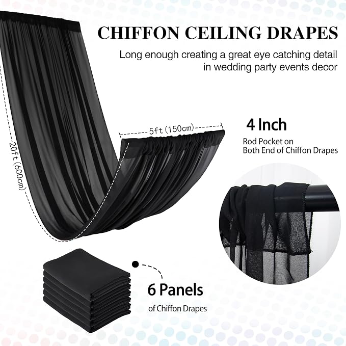 DUOBAO Black Chiffon Sheer Wedding Backdrop Curtains 5x20 FT - 6 Panels Tulle Drapes Fabric for Stage Tent Canopy, Birthday Arch Drapery, Photography Background with Rod Pocket