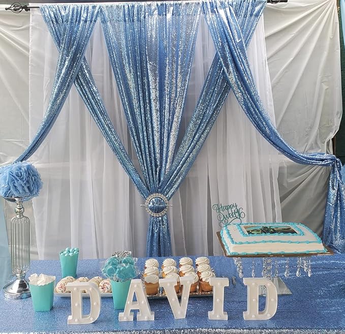 Poise3EHome Baby Blue Sequin Backdrop Curtain, 2 Panels 2Ft x 8Ft Glitter Photography Background for Party Baby Shower Wedding Birthday Christmas Thanksgiving Halloween Decoration