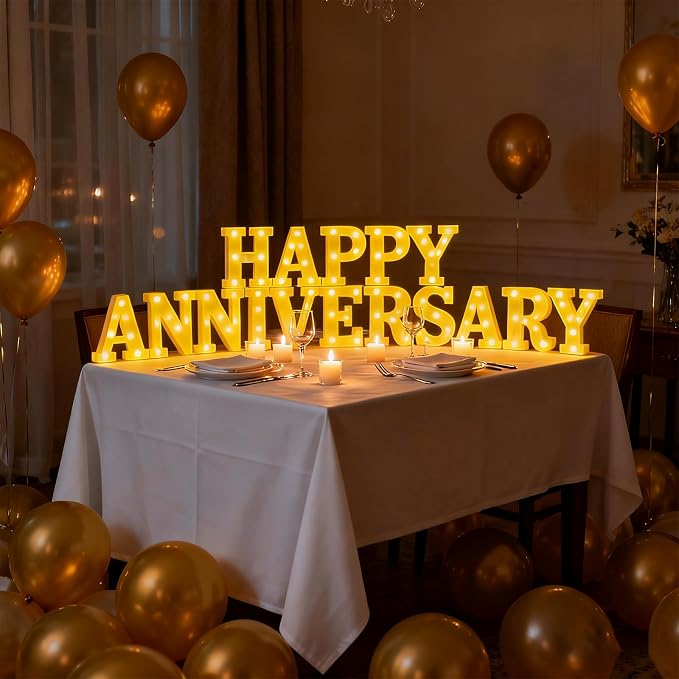Honoson 16 Pcs Happy Anniversary Decoration Light up Letters Sign Wedding Anniversary Party Light LED Neon Table Decoration for Wedding Romantic Party Decor 32 (Aaa Batteries Are Required)
