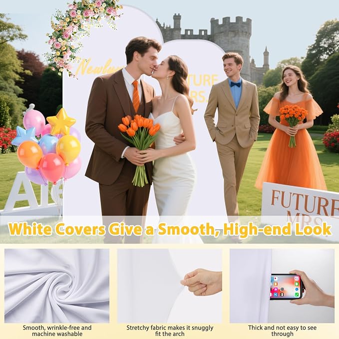 Metal Arch Backdrop Stand and Cover Set of 2, 7.2ft 6ft Gold Party Back drop Arch Stand with Spandex White Background Covers Balloon Garland Kit for Birthday Parties Wedding Ceremony Baby Shower Décor