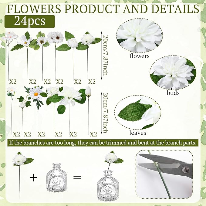 36 Pcs Artificial Flowers Table Centerpiece with Vases Colorful Wildflower Centerpieces Silk Flower Arrangement for Wedding Baby Shower Table Centerpieces Party(White Bloom,Clear)