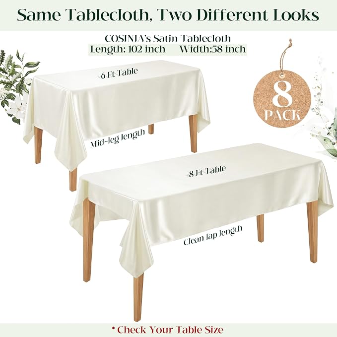 8 Pack Ivory Satin Tablecloth 58 x 102 Inches, Rectangular Satin Table Cloths for Wedding Reception, Birthday Party, Graduation & Holiday Banquet Tables