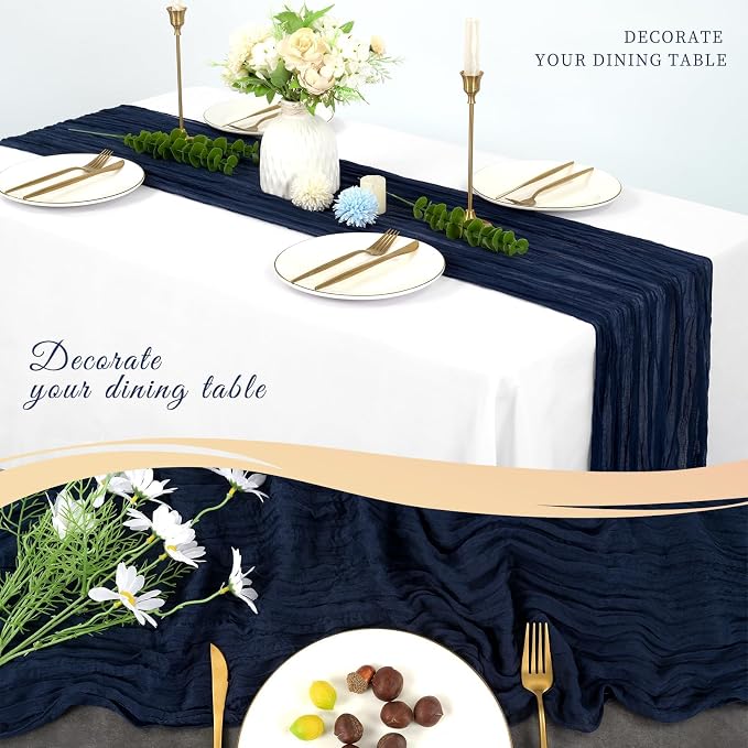 10 Pack Cheesecloth Table Runner 17 x 108 inch Long Boho Gauze Table Runners Semi Sheer Table Runner for Wedding Decor, Baby Shower, Birthday Party, Banquet (Navy Blue)