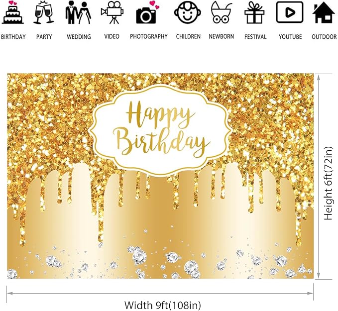 Baocicco 9x6ft Gold Happy Birthday Backdrop Modern Luxury Glitter Diamond Photography Background for Women Girls Sweet Princess Birthday Party Bridal Shower Decor Banner Supplies Photo Booth Props