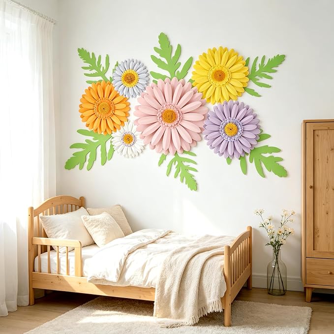 SUNBEAUTY Daisy Party Decorations, Paper Flowers, Flower Wall, Purple Yellow Flowers Wall Hanging, 1st Birthday Bridal Baby Shower Wedding Classroom Tea Party Daisy Décor 10" 7" 5" Pack of 12