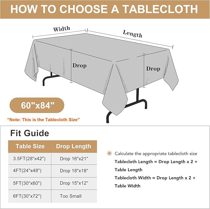 sancua Rectangle Tablecloth - 60 x 84 Inch - Stain and Wrinkle Resistant Washable Polyester Table Cloth, Decorative Fabric Table Cover for Dining Tables, Buffet Parties and Camping, Light Grey