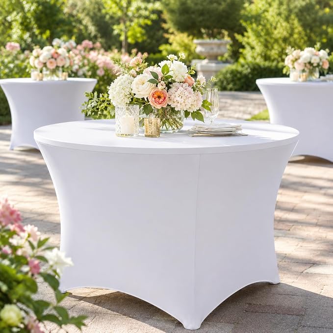 Round Table Covers - 6 Pack 48x30 Inch Table Cloth - White Fitted Stretch Spandex Round Tablecloth for Party, Vendor, Birthday, Booth, Banquet