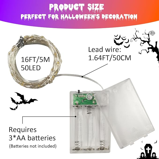 QITONG Orange and Purple Fairy Lights Battery Operated, 4 Pack Each 16ft 50 LED Halloween Lights Outdoor Waterproof, Silver Wire Christmas Twinkle Mini String Lights Indoor