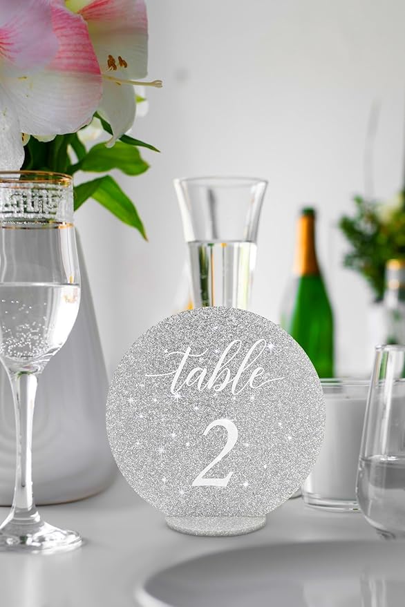 Wedding Table Numbers 1-20, table numbers signs, with Self Standing Base 5.1 x 5 inches, Silver Glitter Table Numbers Sparkle with light, ideal for Wedding Receptions, Parties and Special Events