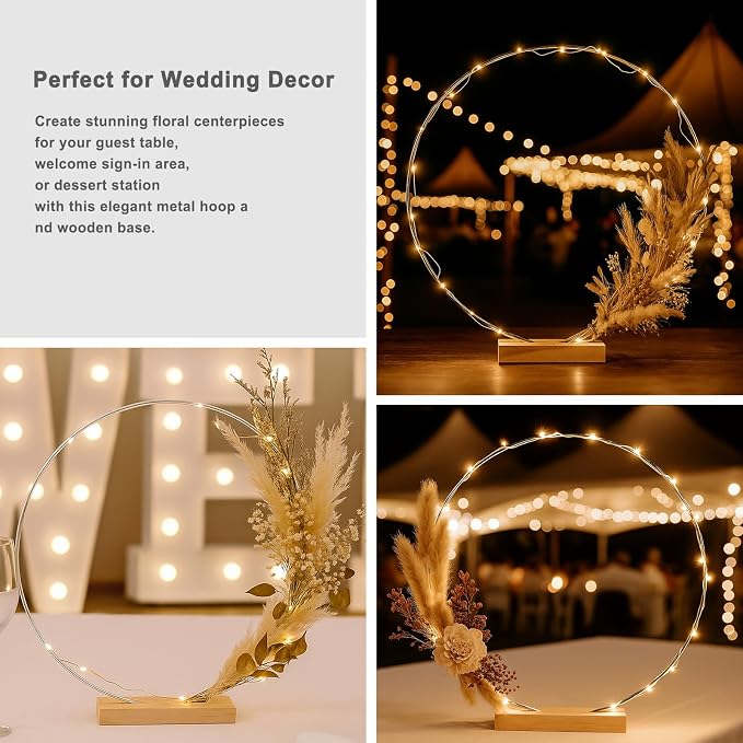 12 Pack Floral Hoop with Stand and LED Fairy Lights 12 inch Metal Rings for DIY Centerpiece Table Decorations Crafts Macrame Rings Hoop Wreath Dream Catcher Rings Wedding Christmas Wreaths, Silver