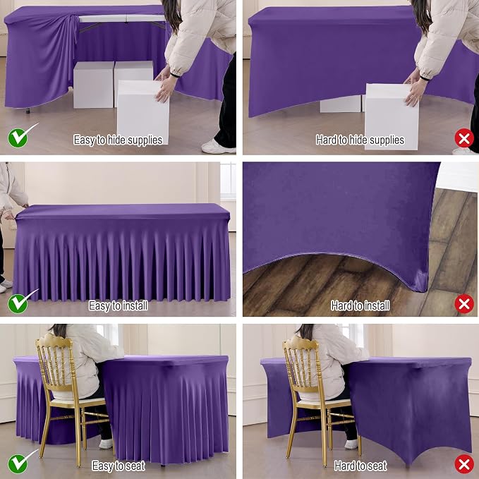 leegleri 2 Pack Purple Spandex Fitted Tablecloths for 6 Foot Rectangle Tables, Purple Stretch Table Cloth with Table Skirt, Wrinkle Free Spandex Table Covers 6ft for Parties, Weddings, Trade Shows