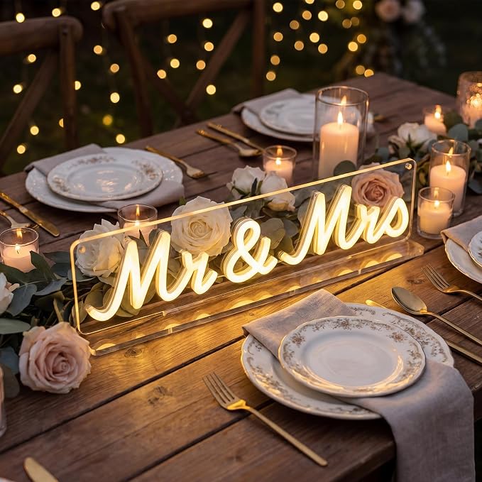 Fumete Mr and Mrs Neon Sign for Wedding Table Light up Large White Mr and Mrs Sign Wooden Letters, Miss Decoration for Anniversary Wedding & Engagement, Gifts for Anniversary Engagement