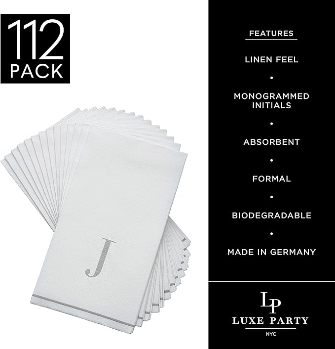 Luxe Party 112 Pack Monogram Napkins | Letter J Initial | Disposable | Premium Airlaid | Linen Feel | Decorative Table Setting | Guest Towel Napkin | White and Silver